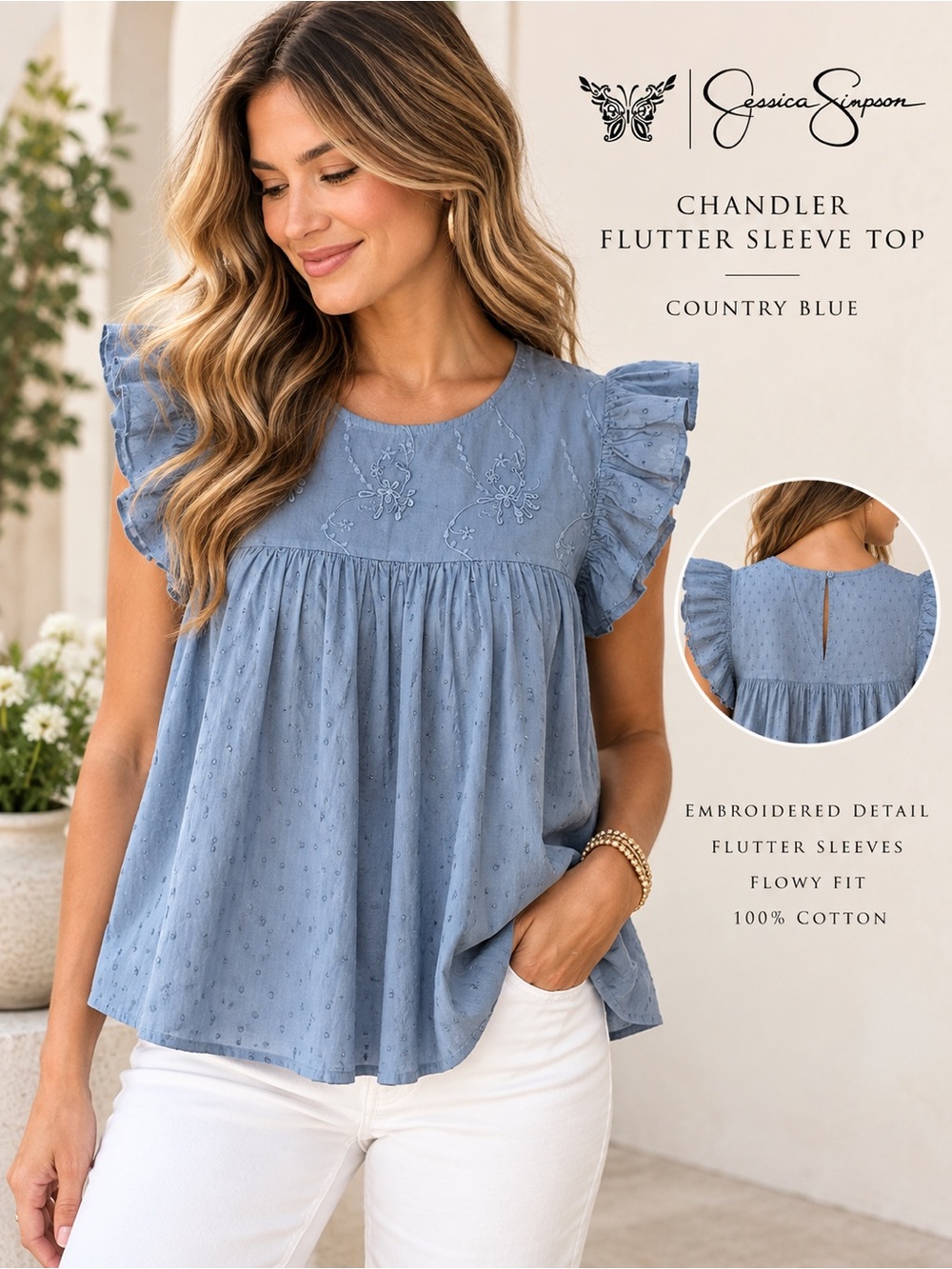 Jessica Simpson Country Blue Chandler Flutter Sleeve Top